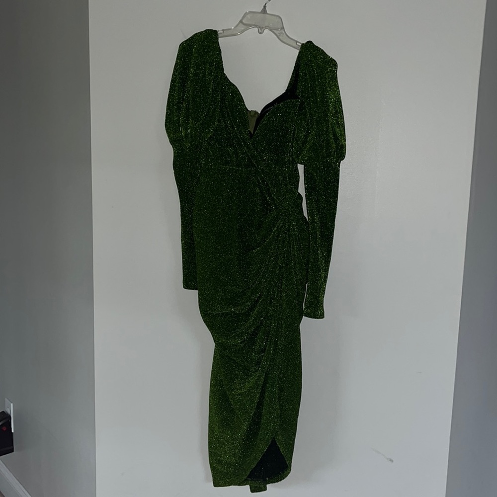 PLT metallic green ruched puffed sleeve midi dress with slit